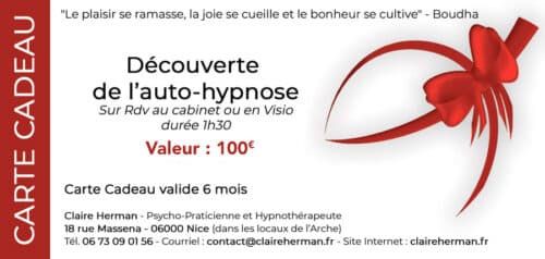 carte cadeau pour une séance découverte d'auto-hypnose à Nice Côte d'Azur - valeur 120€