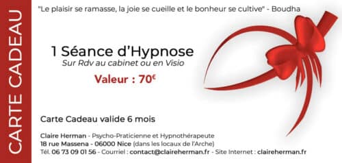 carte cadeau pour une séance d'hypnose à Nice Côte d'Azur - valeur 70€